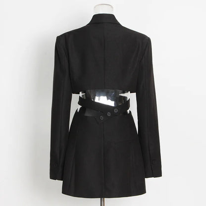 Women's Blazer Elegant Stylish Hollow Out Expose Waist Design Solid Color Patchwork Long-sleeved Slim Fit Suit-Coat HK28002