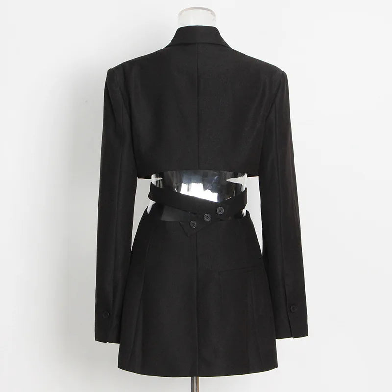 Women's Blazer Elegant Stylish Hollow Out Expose Waist Design Solid Color Patchwork Long-sleeved Slim Fit Suit-Coat HK28002