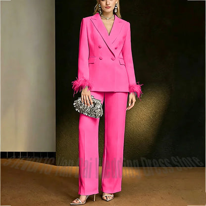 Luxury White Feather Women's Suit Elegant Classic Double Breasted Jacket Pants Formal Evening Party Wedding Guest Outfit