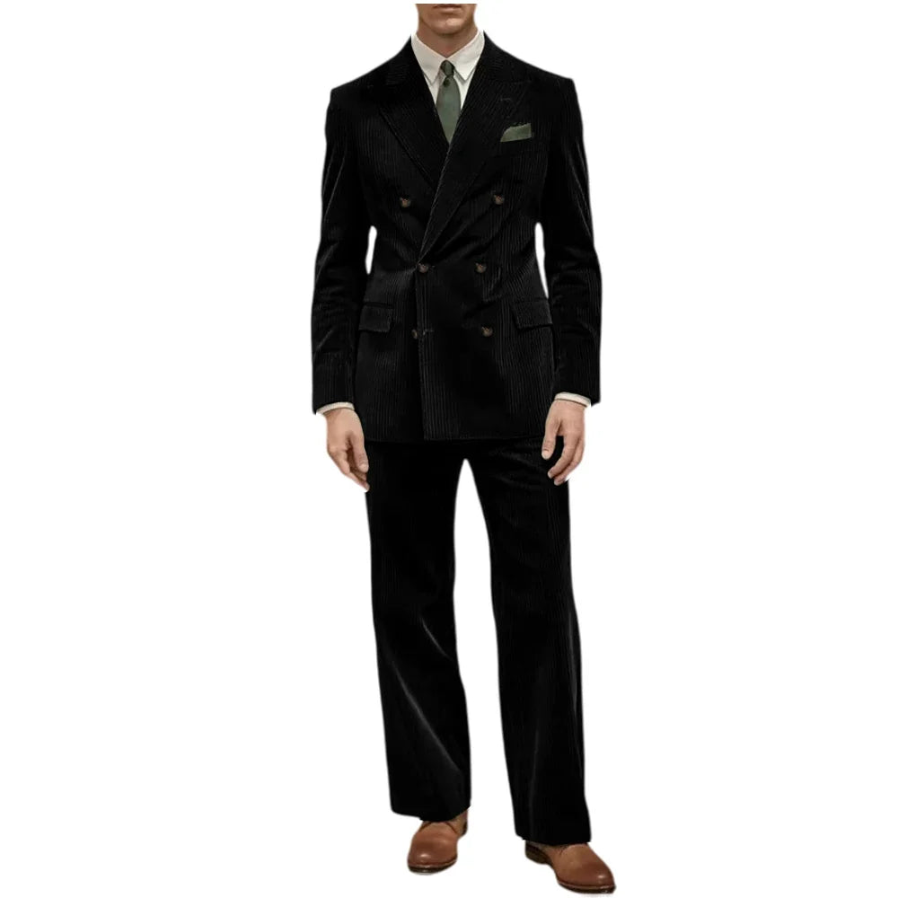 Men's Corduroy Suit 2 Piece Retro Double Breasted Peak Lapel Blazer Straight Leg Pants Formal Set Business Casual Wedding Party