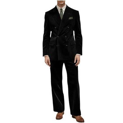 Men's Corduroy Suit 2 Piece Retro Double Breasted Peak Lapel Blazer Straight Leg Pants Formal Set Business Casual Wedding Party