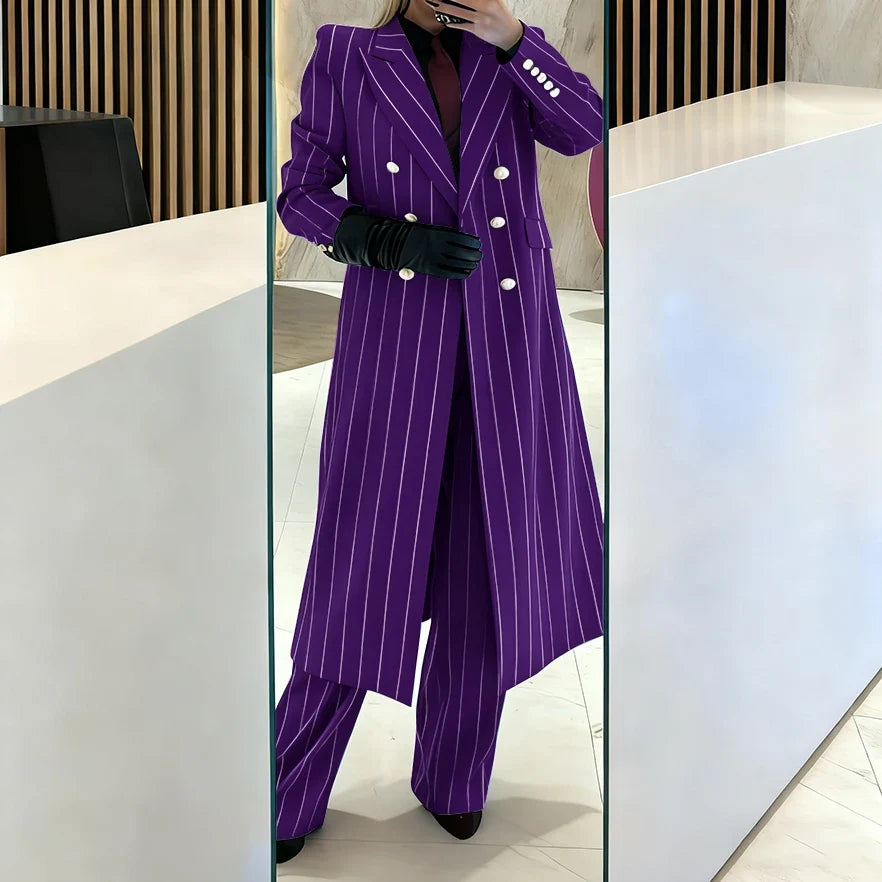 Burgundy Women's Suits Pinstripe Double Breasted Peaked Lapel Long Coat+Pants Set Elegant Formal Office Evening Party Outfit