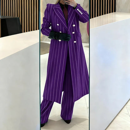 Burgundy Women's Suits Pinstripe Double Breasted Peaked Lapel Long Coat+Pants Set Elegant Formal Office Evening Party Outfit