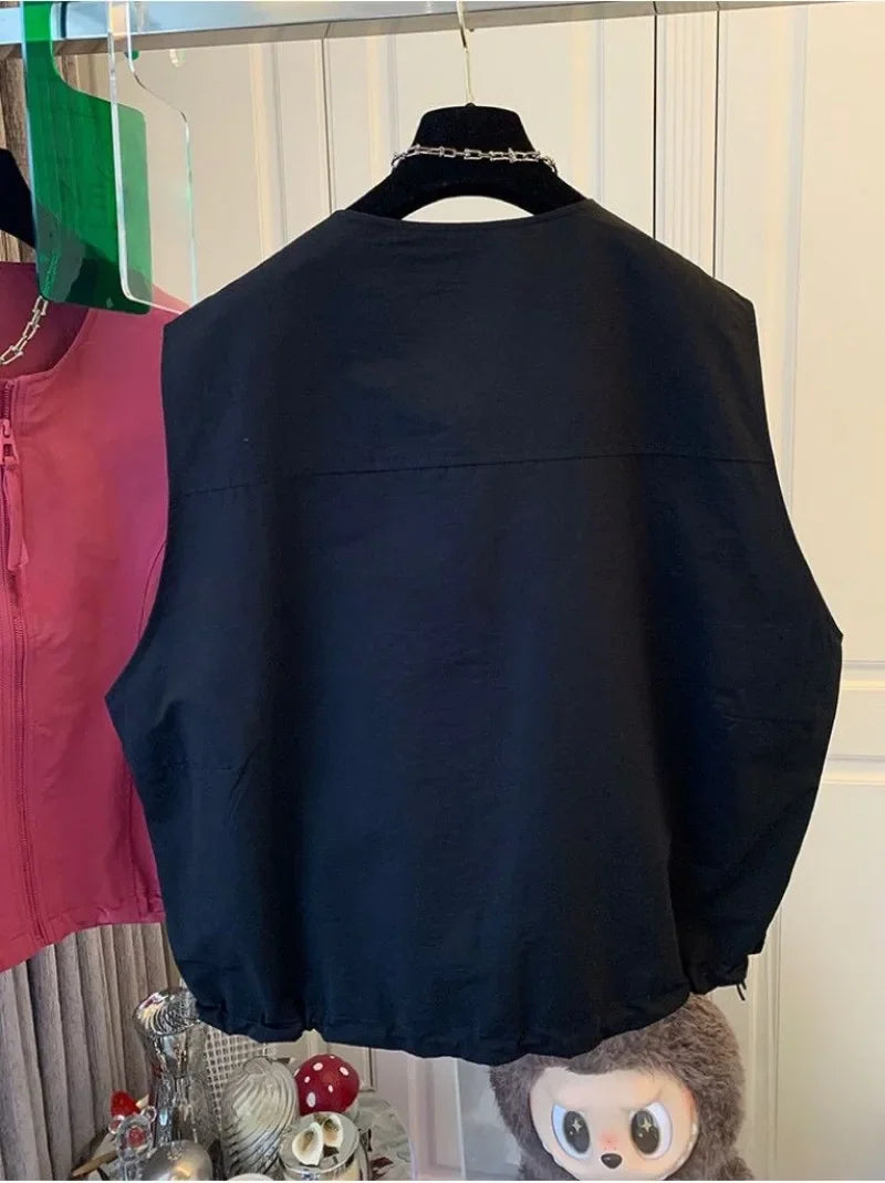 Women's Vest 2026 New Solid Color Round Neck Zipper Loose Sleeveless Jacket Vest Female Casual Tops Ladies Waistcoat Outerwear
