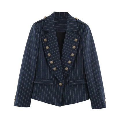 Elegant Fashion Women's Pinstripe Blazer New in Autumn Blazer with Embossed Button Long Sleeves Women Blazer with Asymmetric Hem