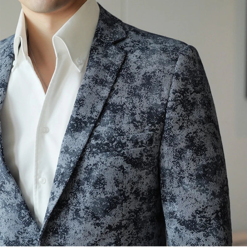 2026 Spring Denim Blue Men's Casual Suit Jacket Korean Slim Blazers Tie-dyed Business Social Jacket Banquet Party Dress Coats