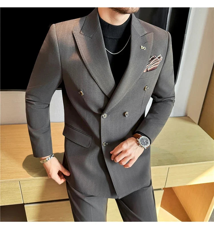 (Jackets+Pant) High Quality Dark Striped Double Breasted Suit Luxury Men Fashion Elegant Tuxedo Formal Groom Wedding Social Suit