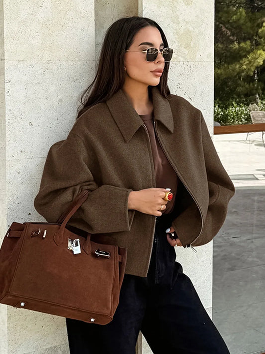 Spring Autumn 2026 Bomber Jacket Women Soft Solid O-neck Zipper Dual Pockets Short Coat Women Clothing Female Multi Colors 63993