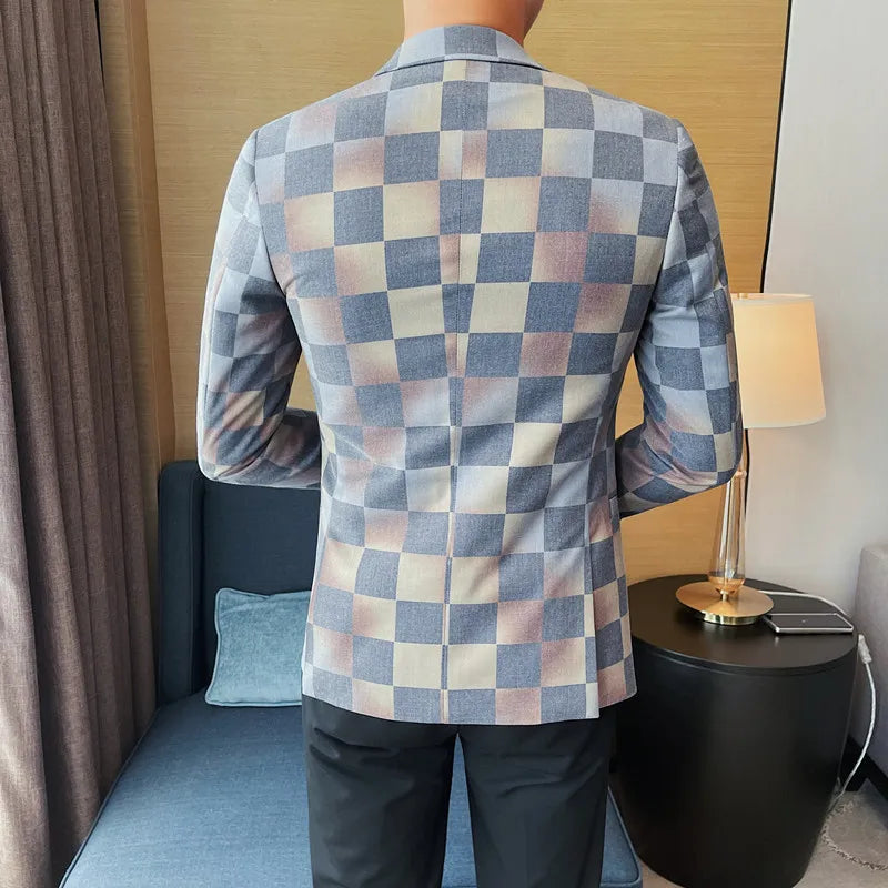 Brand Luxury Plaid Suit Jacket for Men 2023 Autumn Casual Blazer Masculino Fashion Slim Business Wedding Groom Social Dress Coat