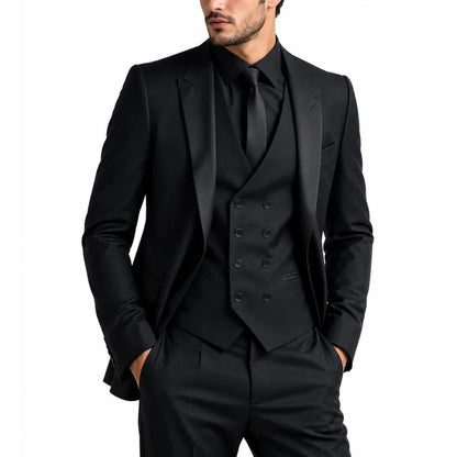 Men Suit Black 3 Piece With Bright Black Lapel Solid For Wedding Groom Birthday Banquet Party Business Work Jacket Vest Pants