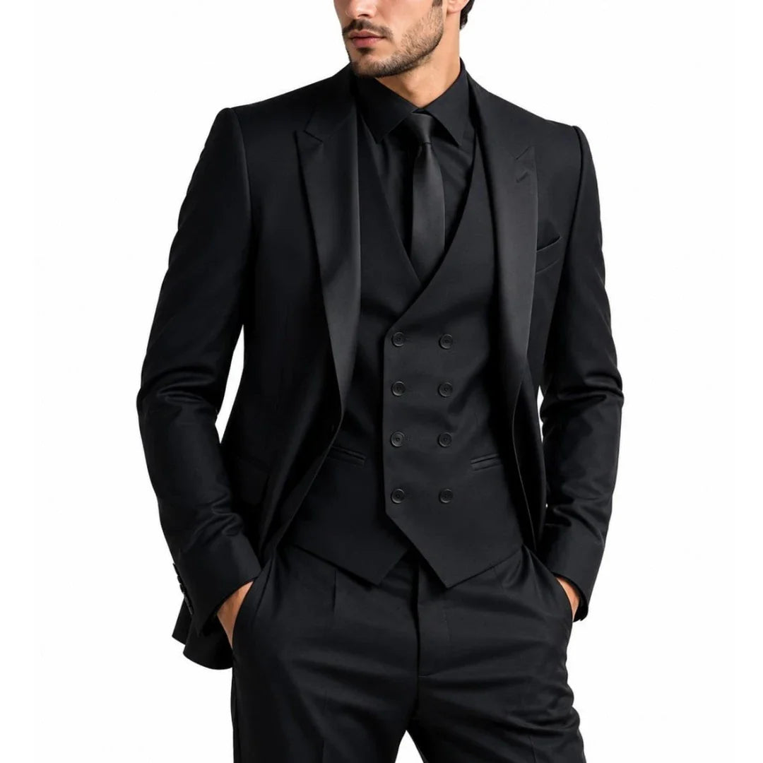 Men Suit Black 3 Piece With Bright Black Lapel Solid For Wedding Groom Birthday Banquet Party Business Work Jacket Vest Pants