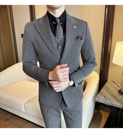 (Blazer + Vest + Trousers) 2024 New Men Formal Business Solid Suit 3 Pieces Set Italian Style Luxury Wedding Social Party Tuxedo