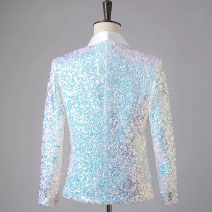 Men's Fashion Slim Fit Sequin Suit Jacket Shawl Formal Lapel Tuxedo Wedding Banquet Host Singer Nightclub Bar Stage Performance