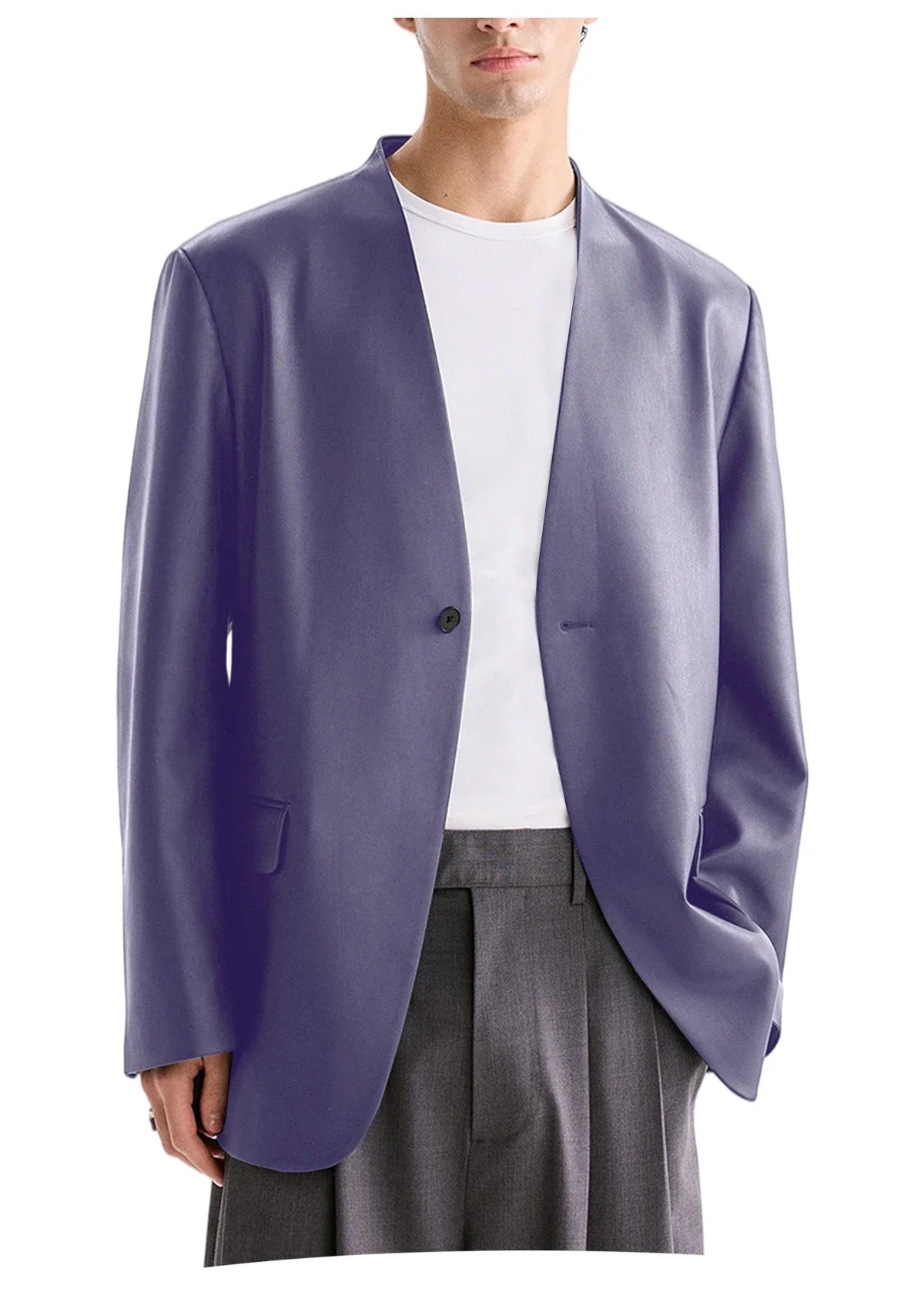 Men's PU Leather Collarless Blazer Single Button Loose Fit Jacket for Wedding Party Office
