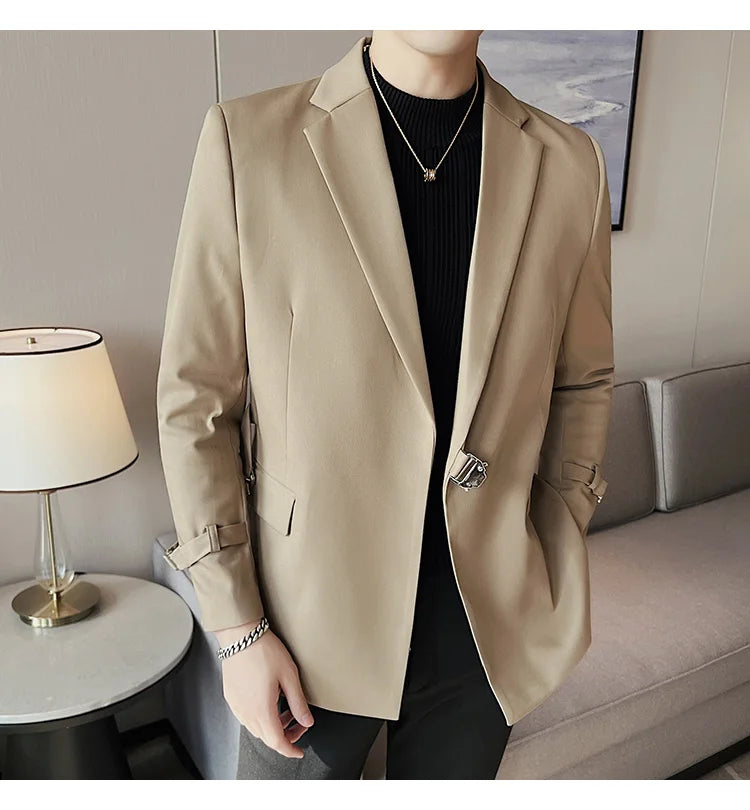 Men's Slim Fit Blazer Metal Buckle Decoration Smart Casual Wedding Party Jacket