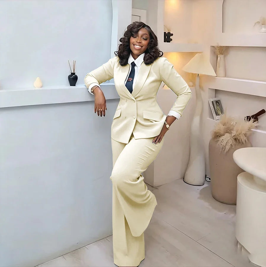 Classic Professional Burgundy Double Breasted Women's Suit Office Formal 2 Piece Jacket Pants Set Casual Daily Streetwear