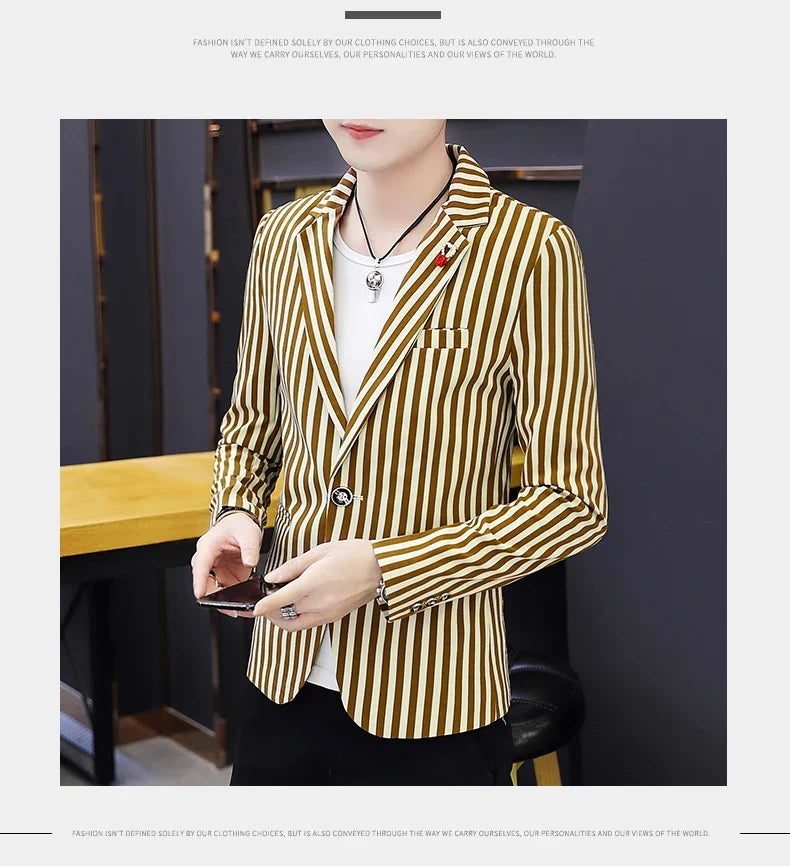 Men's Slim Fit Striped Casual Suit Jacket Korean Fashion Four Seasons New Boutique Handsome Small Suit