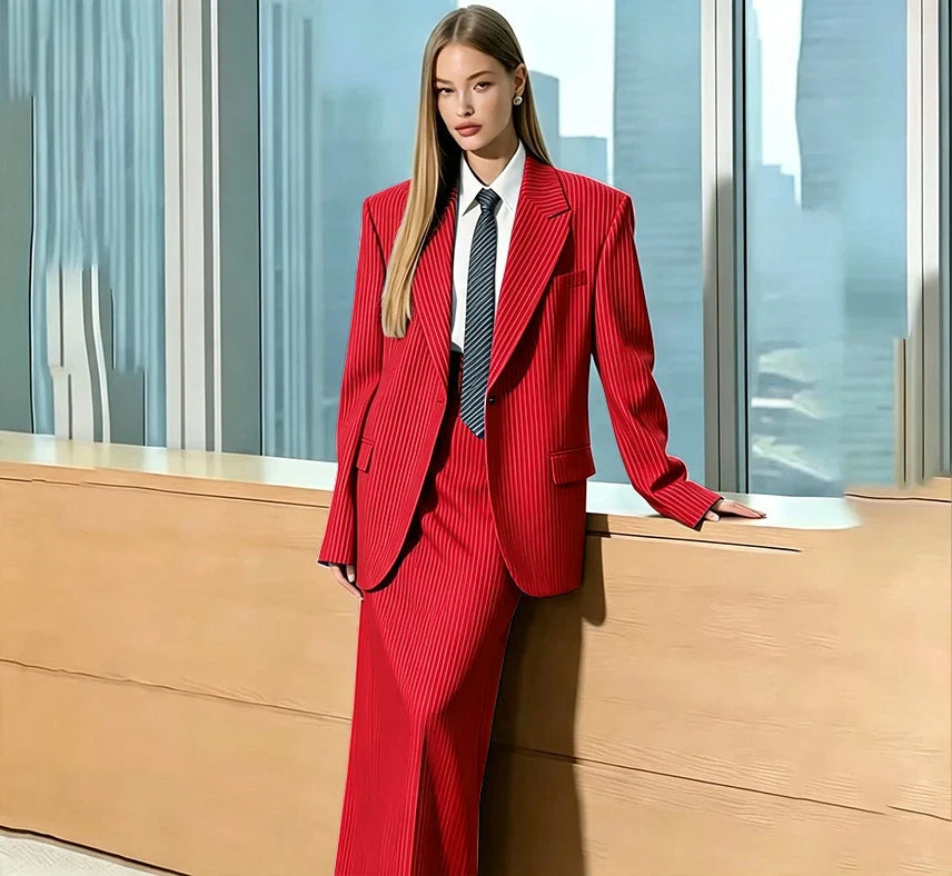 Stylish Gray Pinstripe Woman Clothing Single Breasted 2 Pieces Jacket Maxi Skirt Suit Set Formal Business Office Lady Wear