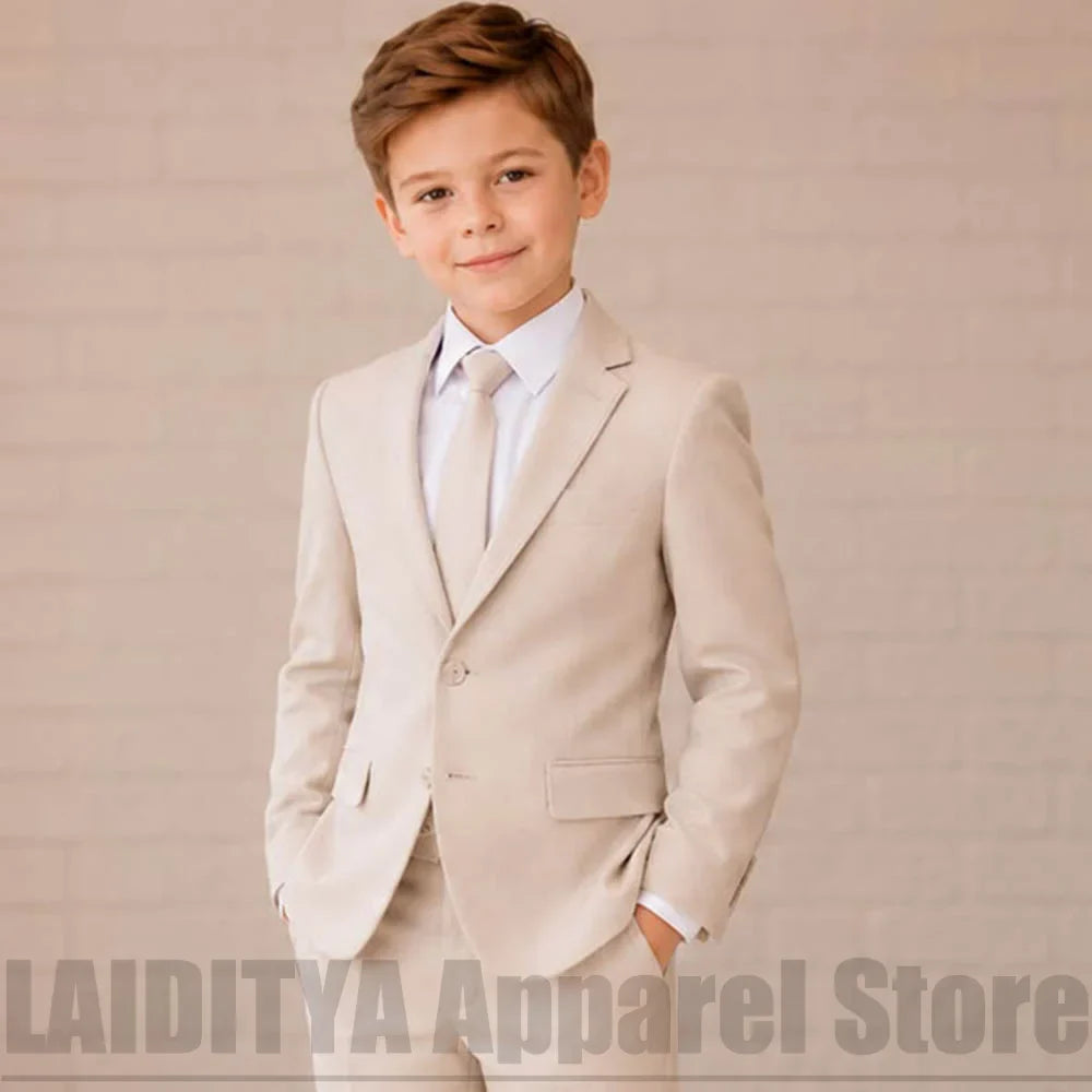 Beige Boys Linen 2 Piece Suit Fashion Single Breasted Blazer Pants Wedding Outfit Birthday Party Formal Ceremony Kids Tuxedo