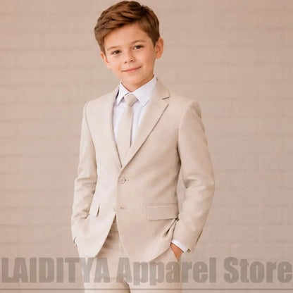 Beige Boys Linen 2 Piece Suit Fashion Single Breasted Blazer Pants Wedding Outfit Birthday Party Formal Ceremony Kids Tuxedo