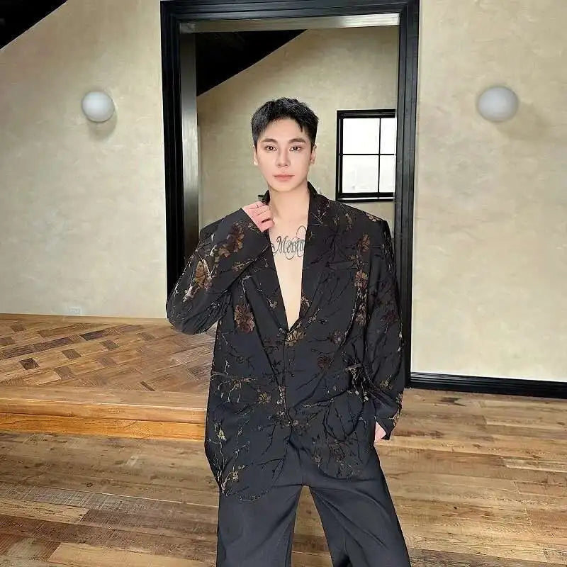 Jacquard Design Casual Suit Jacket High Street Personalized Stylish Loose Blazers Coat Elegant Korean Men Clothing LZ5013