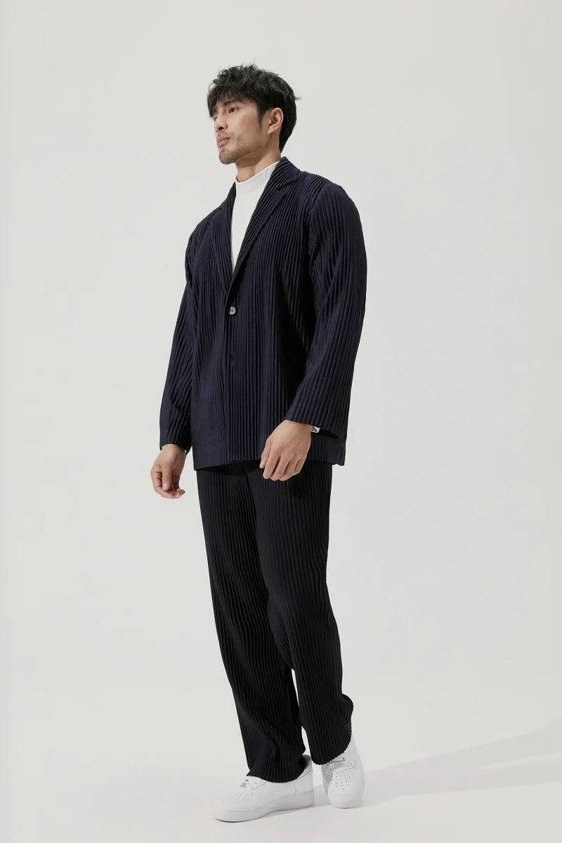 Men's Miyake Pleated Style Blazer Jacket Japanese Casual Stretch Slim Fit Business Office Fashion Luxury Wrinkle Resistant Coat