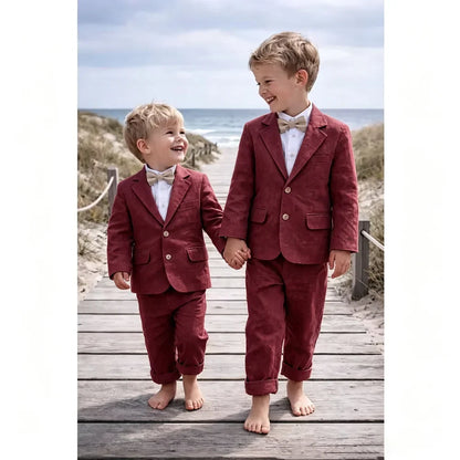 Beige Linen 2 Pieces Boys Suit Jacket Pants Kids Ring Bearer Outfit Breathable Summer Beach Wedding Birthday Party Costume