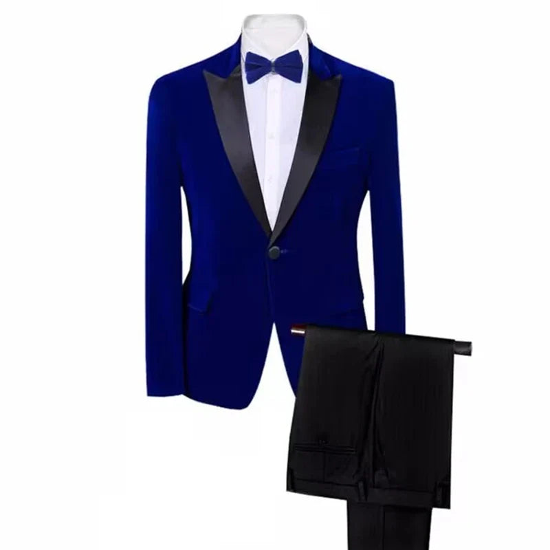 Costume en velours pour homme, coupe ajustée, 2 pièces, revers châle/cranté, pour affaires, mariage, fête, veste et pantalon