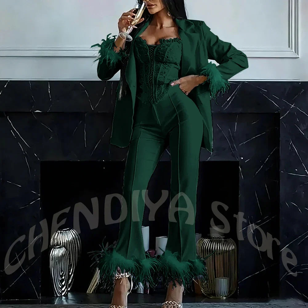 Women's Two Pieces Set Luxury 2026 Slim Fit Notch Lapel Glamorous Feather Blazer Formal Evening Party Tailored Made Outfit