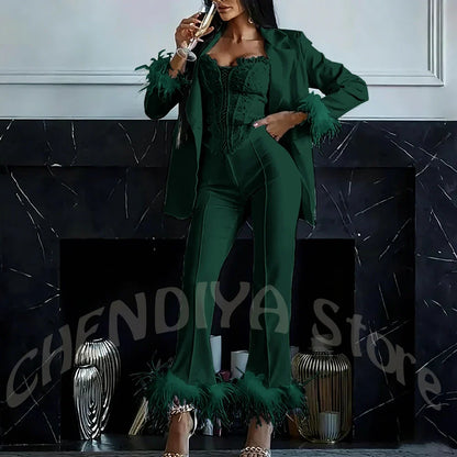 Women's Two Pieces Set Luxury 2026 Slim Fit Notch Lapel Glamorous Feather Blazer Formal Evening Party Tailored Made Outfit
