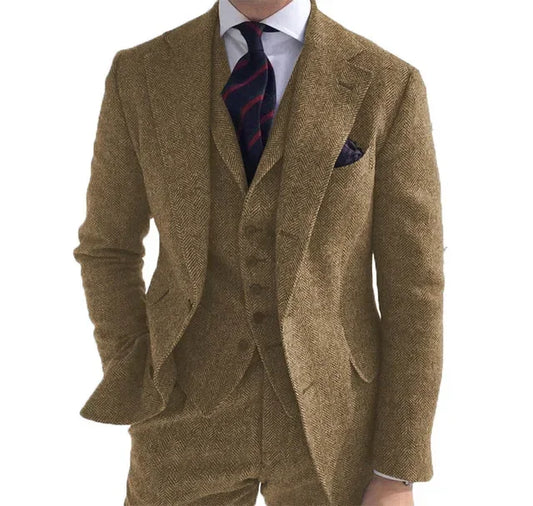3 Pieces Men‘s Suits Wool Tweed Herringbone Business Retro Classic PatternTuxedos For Wedding Blazer Pants Vest