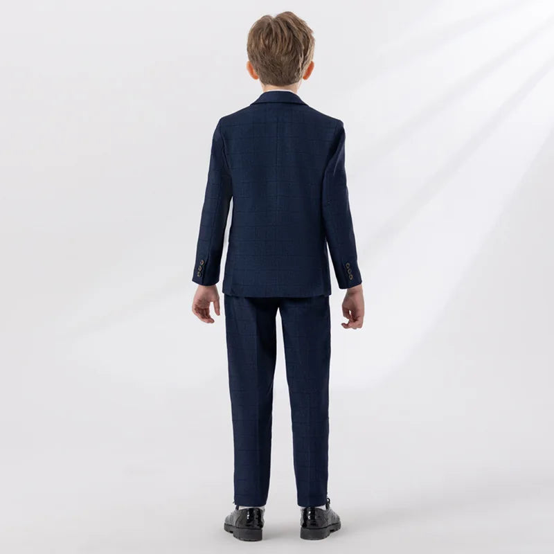 Children Navy Blue Spring 4Piece/Set Jacket Vest Pants Bowtie Piano Dress Kids Ceremony Photograph Suit Boys Performance Costume