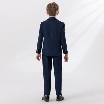 Children Navy Blue Spring 4Piece/Set Jacket Vest Pants Bowtie Piano Dress Kids Ceremony Photograph Suit Boys Performance Costume