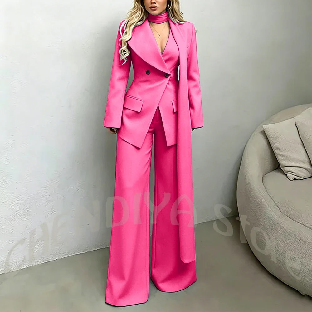 Classic Black Women Suit Set Double Breasted Asymmetrical Blazer Pants with Muffler Formal Office Elegant Two Piece Outfit