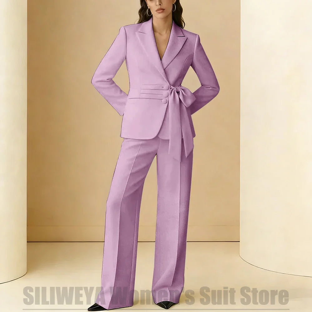 Women's Suit 2 Piece Bow Belt Design Formal Outfit for Wedding Party Prom Office Fashion Peak Lapel Daily Casual Lady Suits