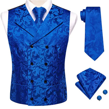Men's Double Breasted Vest Set – Floral Jacquard Waistcoat with Tie, Pocket Square & Cufflinks for Weddings & Formal Events
