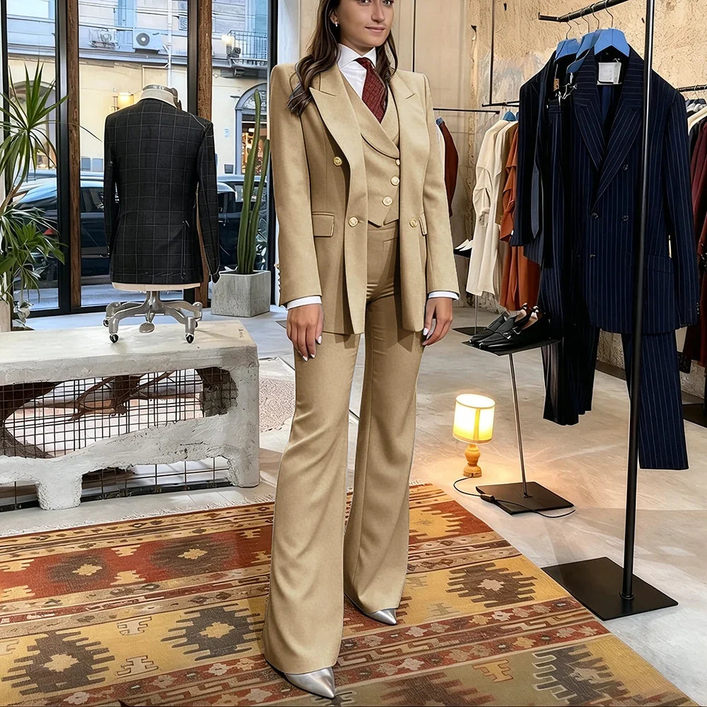 Elegant Women's Pink Double Breasted 3Piece Suit Autumn New Blazer+Vest+Pant Sets Formal Office Evening Party Outerwears