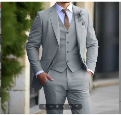 3PCS Formal Solid Men's Suit Set - Wedding Business Party Prom Classic Occasion Jacket Vest Pants Ensemble