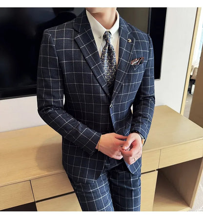 Men's 3-Piece Slim Fit Plaid Suit – Jacket, Vest & Pants for Weddings, Office & Formal Occasions
