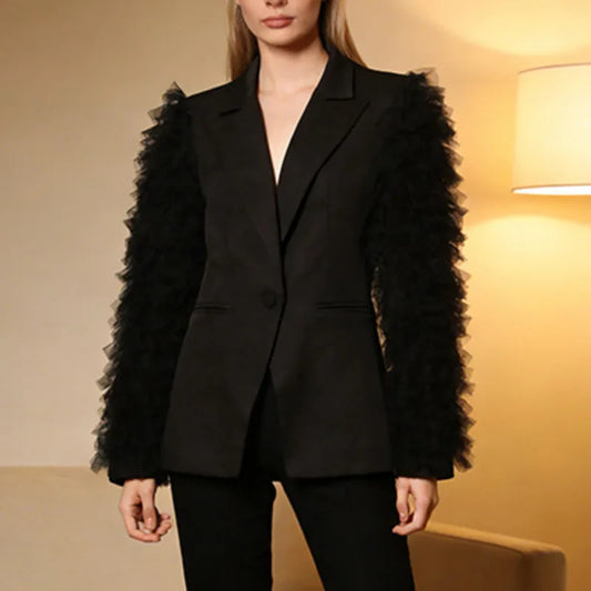 Spring Autumn New Women Blazer Notched Collar Single Button Patchwork Pleated Mesh Long Sleeve Elegant Fashion Coat HK18270