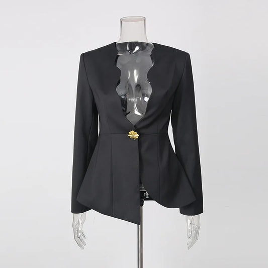 Women Blazer Elegant Stylish V-Neck Sexy Waist-cinching Single Button Asymmetrical Design Dark Style Chic Suit-Coat HK26874