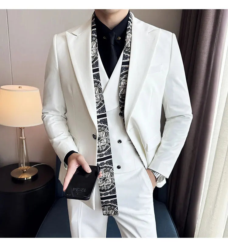 Double Collar Suit Set 3 Pieces Business Formal Casual Suits Vest Trousers Office Work Party Prom Wedding Groomsmen Clothing
