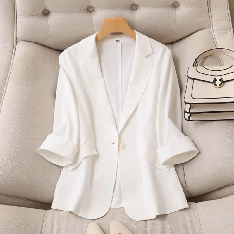 Spring Summer New Style Korean Version Silk Fashion Small Suit Jacket Women Thin Sleeve Seven Button Slim Fit Western Wear