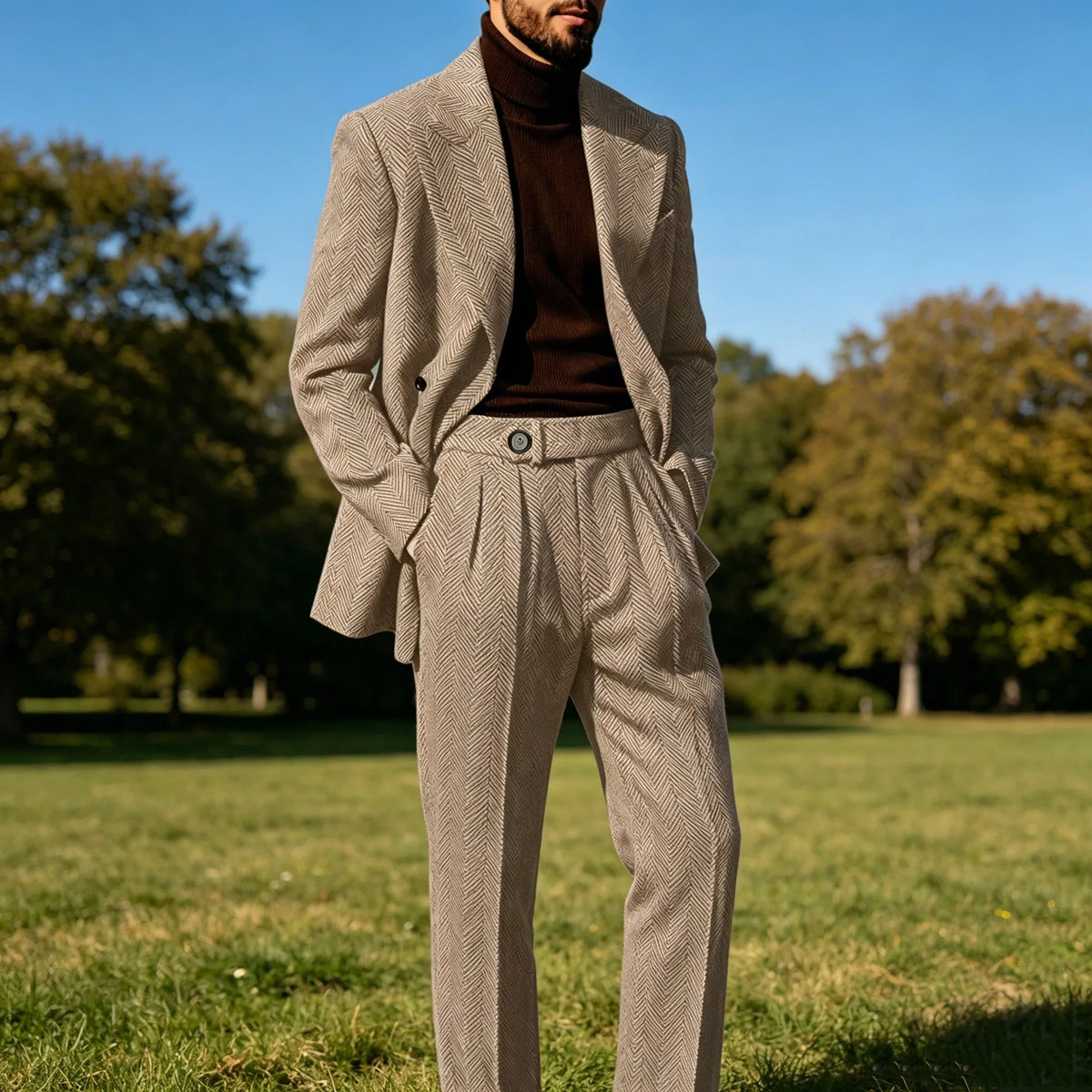 Men's Herringbone Suit 2-Piece Set – Double Breasted Blazer & Trousers for Wedding & Business
