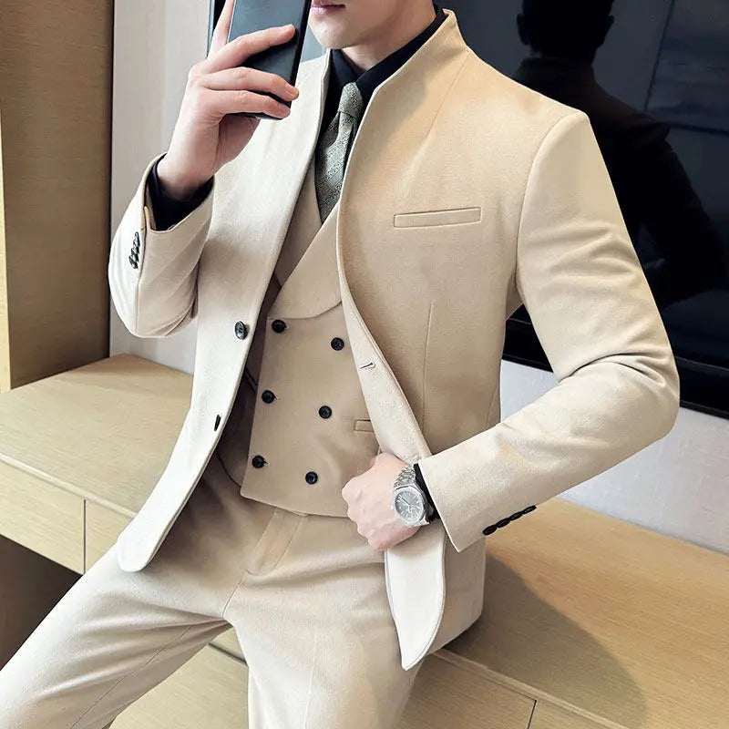 Men's 3-Piece Slim Fit Stand Collar Suit – Wedding, Prom & Office Formal Set
