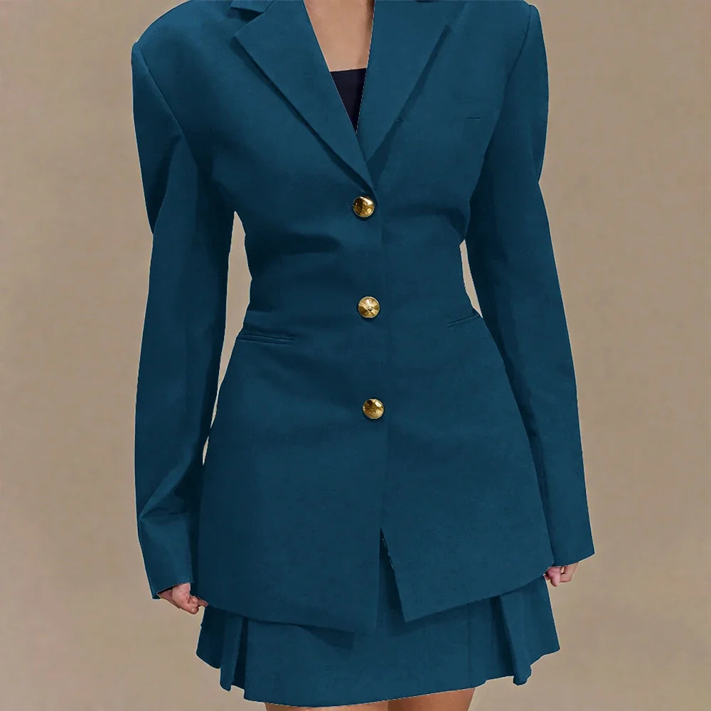 Women's Pleated Skirt Suit Set 2025 2Pieces(Tailored Blazer&High Waist Skirt) Office Chic Single-breasted Notch Lapel Outfit