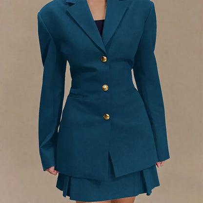 Women's Pleated Skirt Suit Set 2025 2Pieces(Tailored Blazer&High Waist Skirt) Office Chic Single-breasted Notch Lapel Outfit