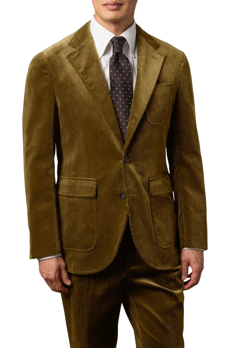 Men's Corduroy 2-Piece Suit – Classic Single Breasted Blazer & Pleated Pants for Wedding & Formal Occasions