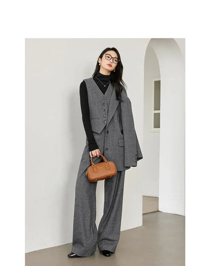 Dark Gray Wool Blend Blazer 2026 Autumn Winter New Fashion Office Lady Elegant Coat Casual Loose-fit Female Jackets M9353
