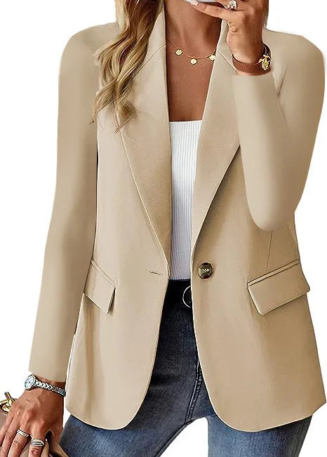 Women's Solid Color Single Button Blazer Autumn Long Sleeve Lapel Office Jacket Slim Fit Casual Workwear with Front Pockets